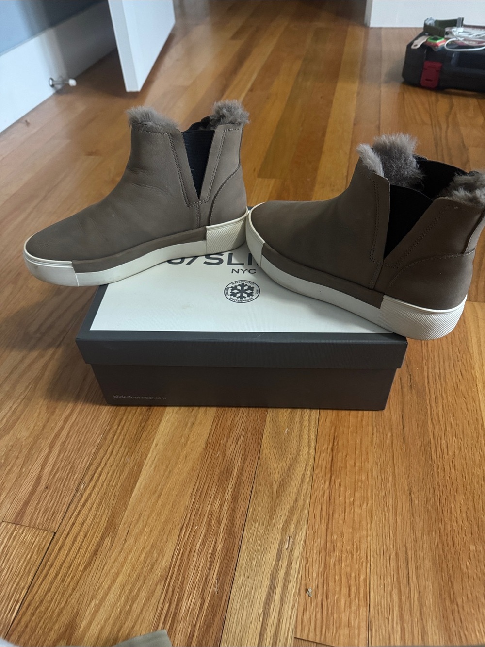 J Slides Taupe Faux-Fur Lined Chelsea Slip-On Booties